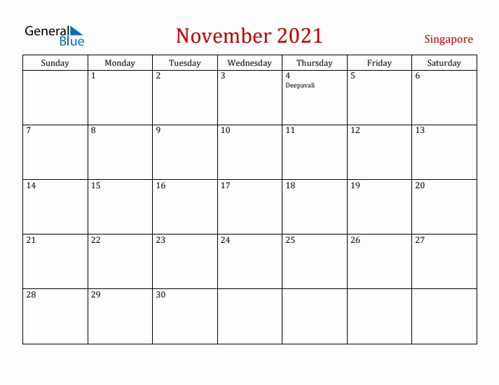 Singapore November 2021 Calendar - Sunday Start