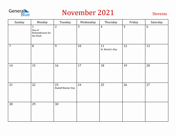 Slovenia November 2021 Calendar - Sunday Start