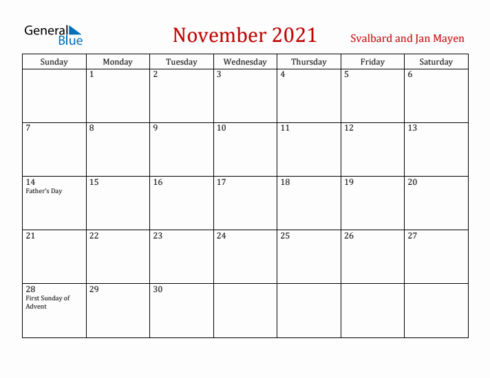 Svalbard and Jan Mayen November 2021 Calendar - Sunday Start