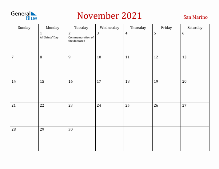 San Marino November 2021 Calendar - Sunday Start