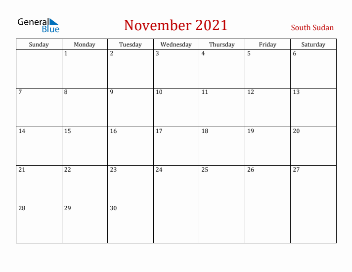 South Sudan November 2021 Calendar - Sunday Start