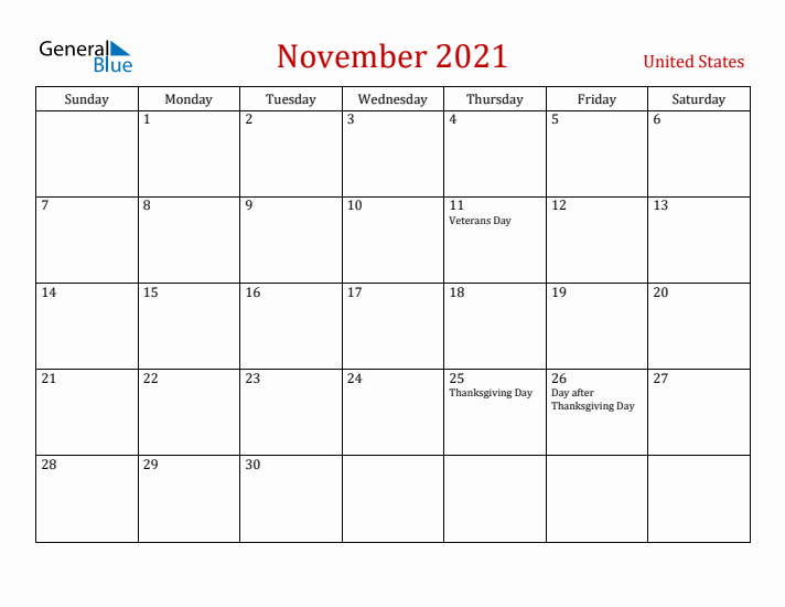 United States November 2021 Calendar - Sunday Start