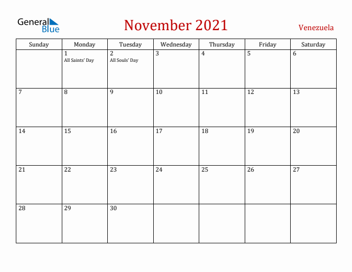 Venezuela November 2021 Calendar - Sunday Start