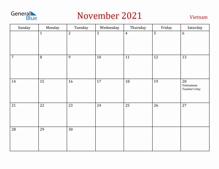 Vietnam November 2021 Calendar - Sunday Start