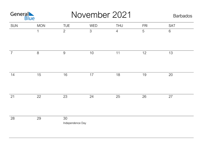 Printable November 2021 Calendar for Barbados