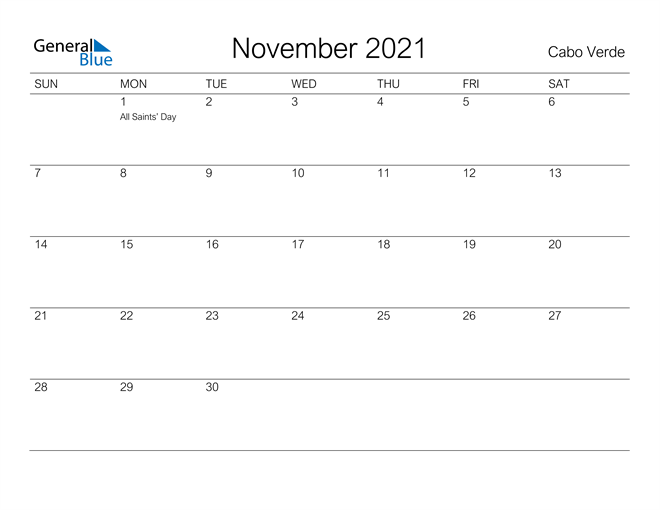 Printable November 2021 Calendar for Cabo Verde