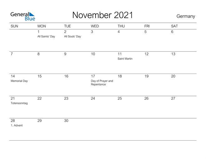 Printable November 2021 Calendar for Germany