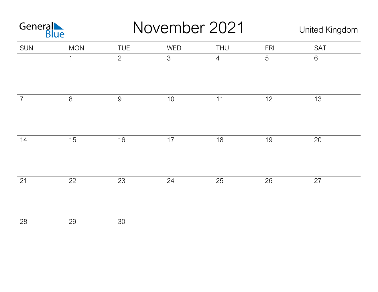 November 2021 Calendar - United Kingdom