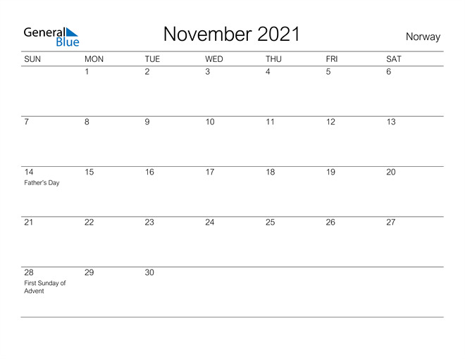 Printable November 2021 Calendar for Norway