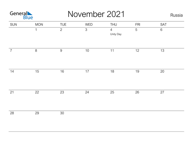 Printable November 2021 Calendar for Russia