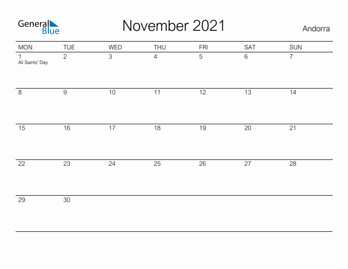 Printable November 2021 Calendar for Andorra