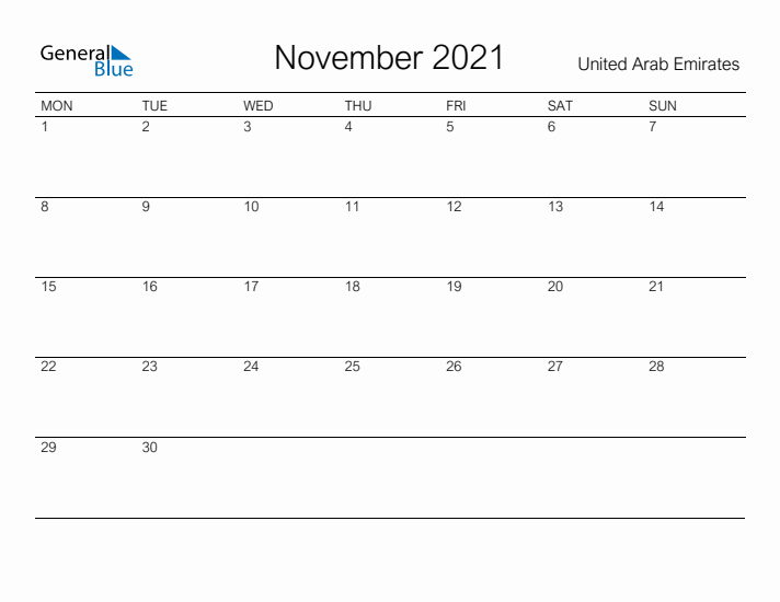 Printable November 2021 Calendar for United Arab Emirates