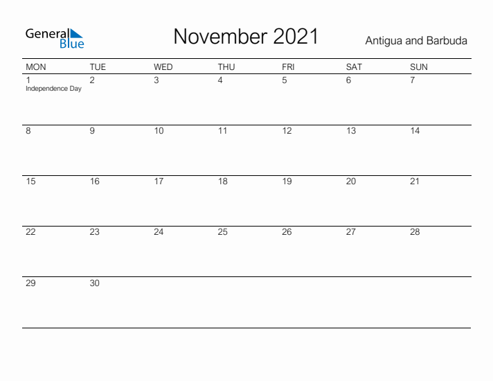 Printable November 2021 Calendar for Antigua and Barbuda