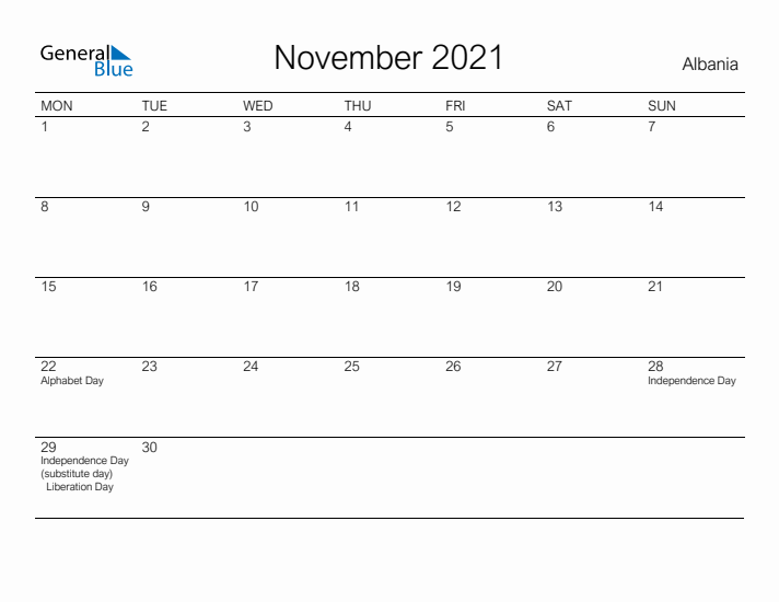 Printable November 2021 Calendar for Albania
