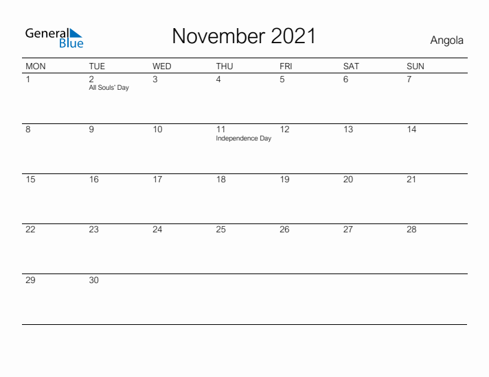 Printable November 2021 Calendar for Angola