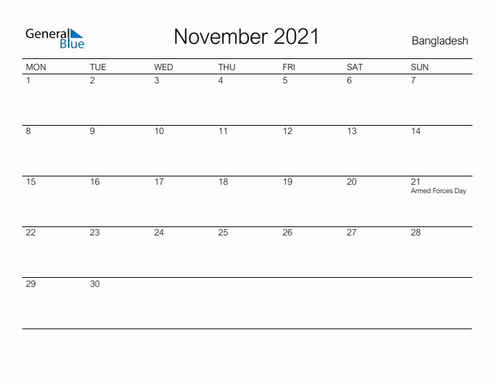 Printable November 2021 Calendar for Bangladesh