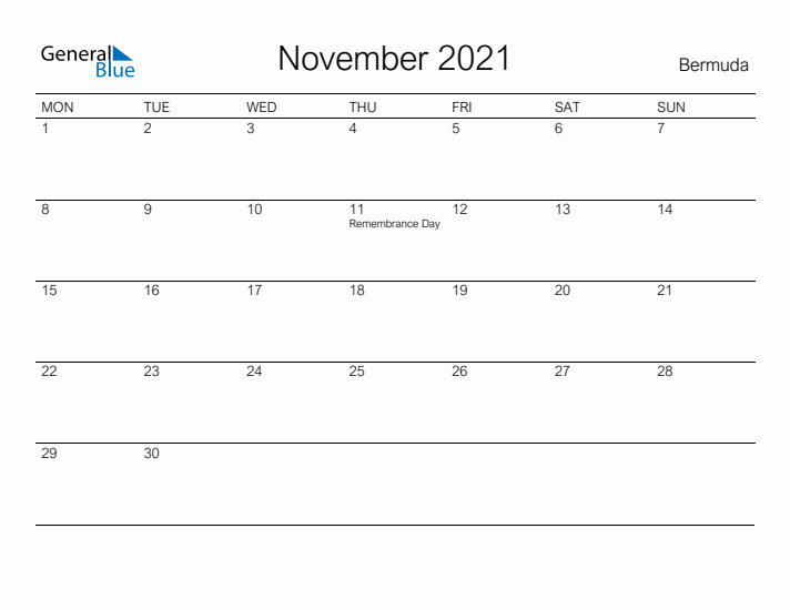 Printable November 2021 Calendar for Bermuda