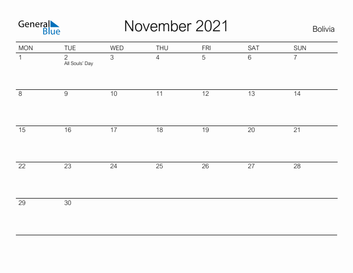 Printable November 2021 Calendar for Bolivia