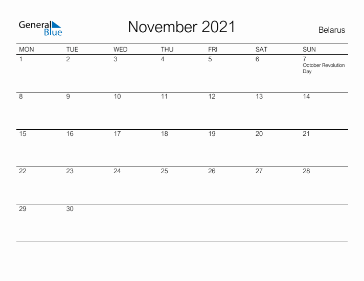 Printable November 2021 Calendar for Belarus