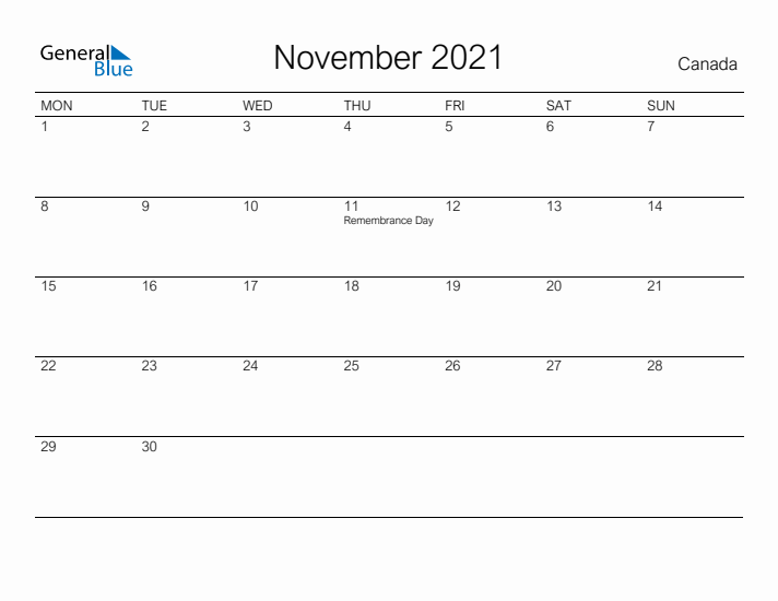 Printable November 2021 Calendar for Canada