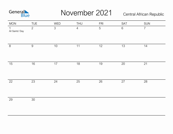 Printable November 2021 Calendar for Central African Republic