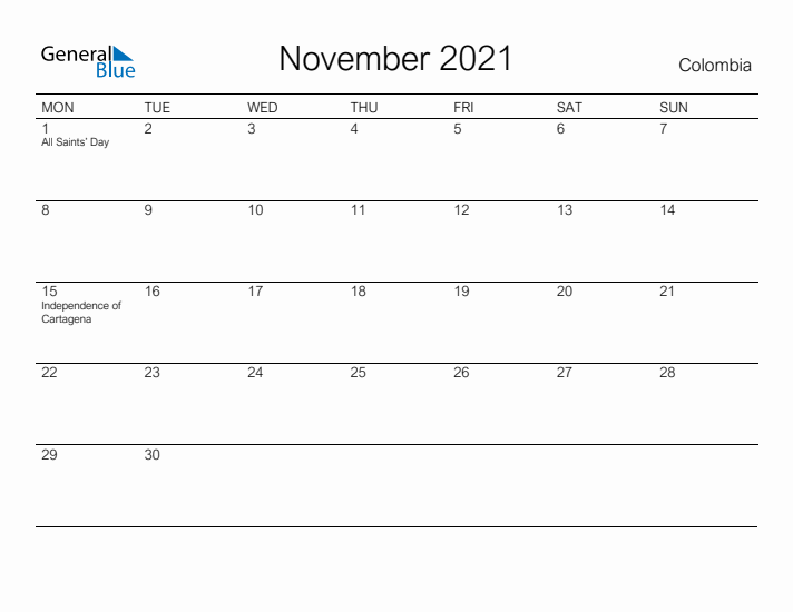 Printable November 2021 Calendar for Colombia