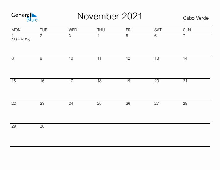 Printable November 2021 Calendar for Cabo Verde