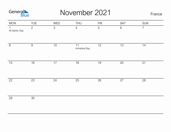 Printable November 2021 Calendar for France