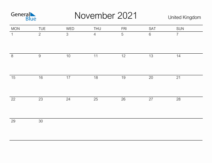 Printable November 2021 Calendar for United Kingdom