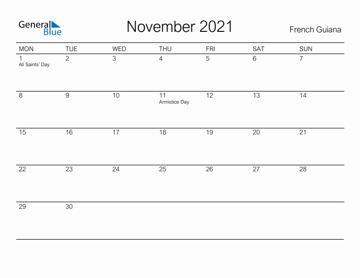 Printable November 2021 Calendar for French Guiana