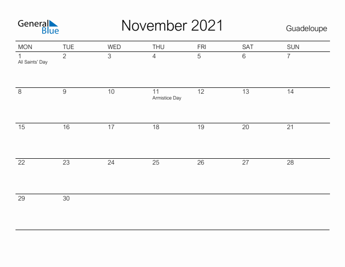 Printable November 2021 Calendar for Guadeloupe