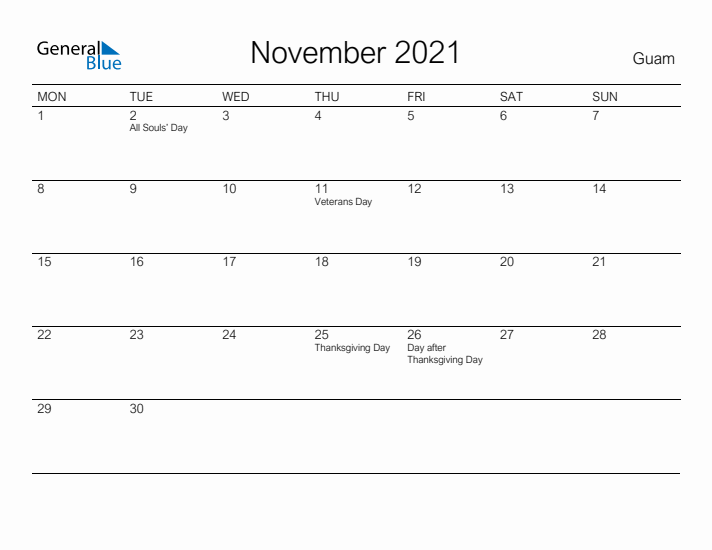 Printable November 2021 Calendar for Guam