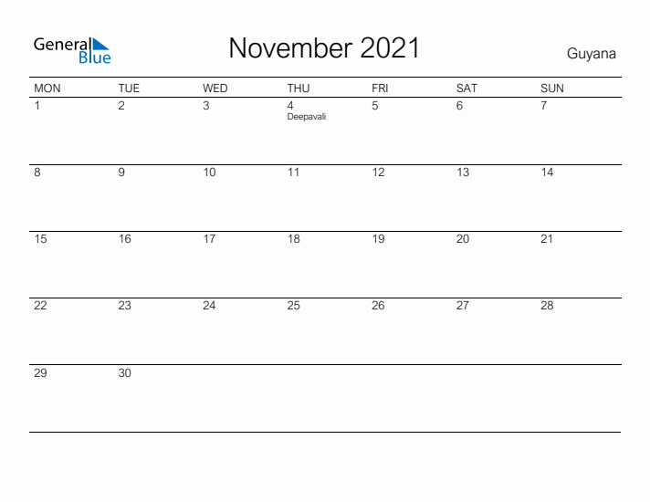 Printable November 2021 Calendar for Guyana