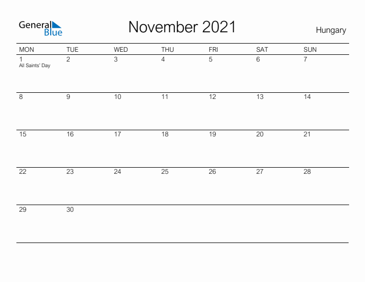 Printable November 2021 Calendar for Hungary