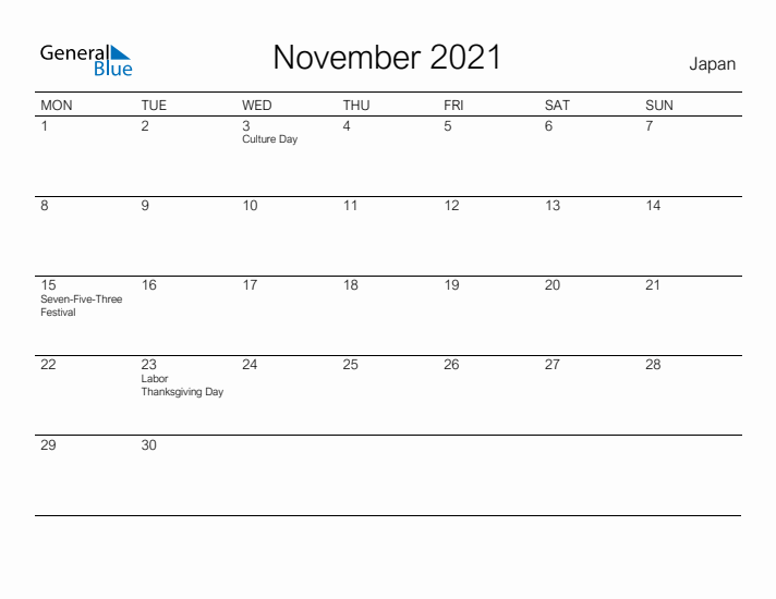 Printable November 2021 Calendar for Japan
