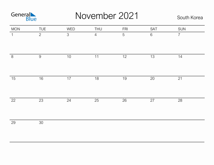 Printable November 2021 Calendar for South Korea