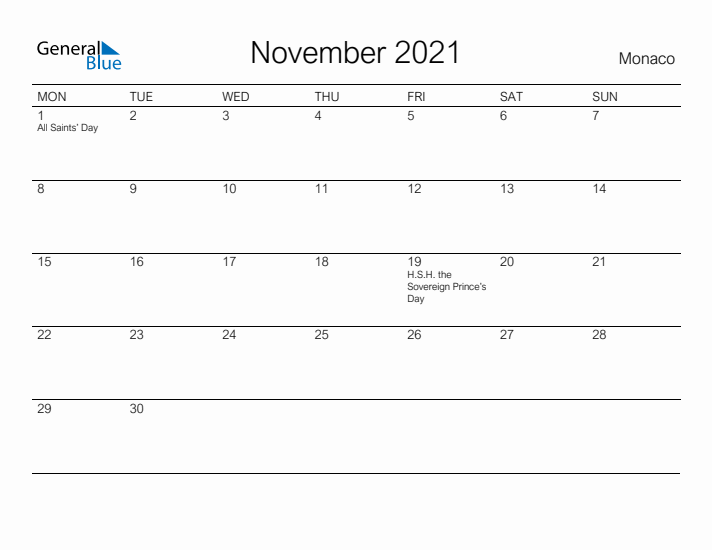 Printable November 2021 Calendar for Monaco