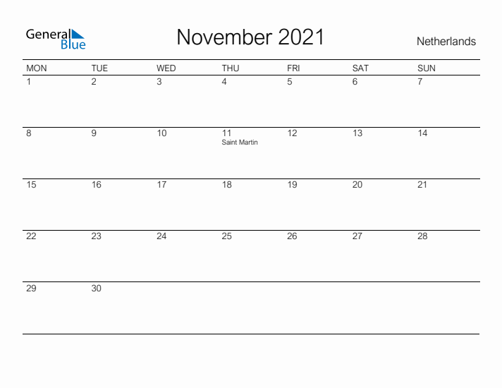 Printable November 2021 Calendar for The Netherlands