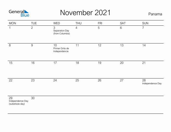 Printable November 2021 Calendar for Panama