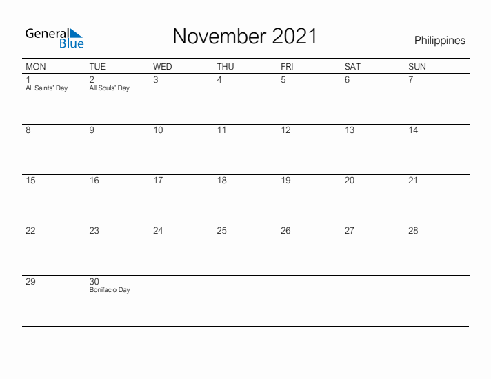 Printable November 2021 Calendar for Philippines