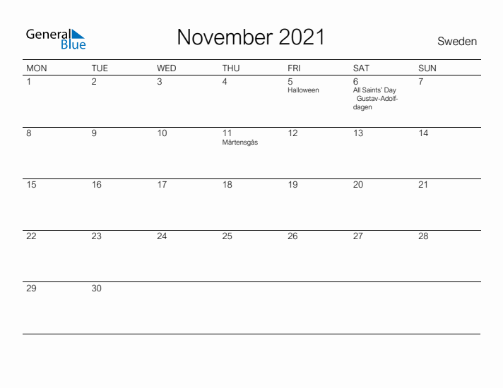 Printable November 2021 Calendar for Sweden