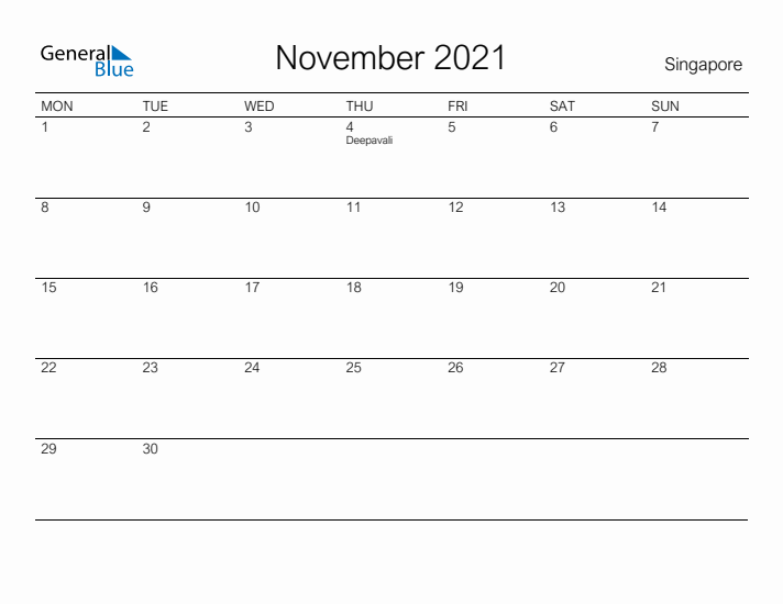 Printable November 2021 Calendar for Singapore