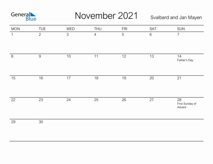 Printable November 2021 Calendar for Svalbard and Jan Mayen