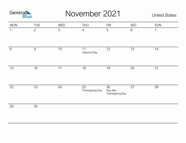 Printable November 2021 Calendar for United States