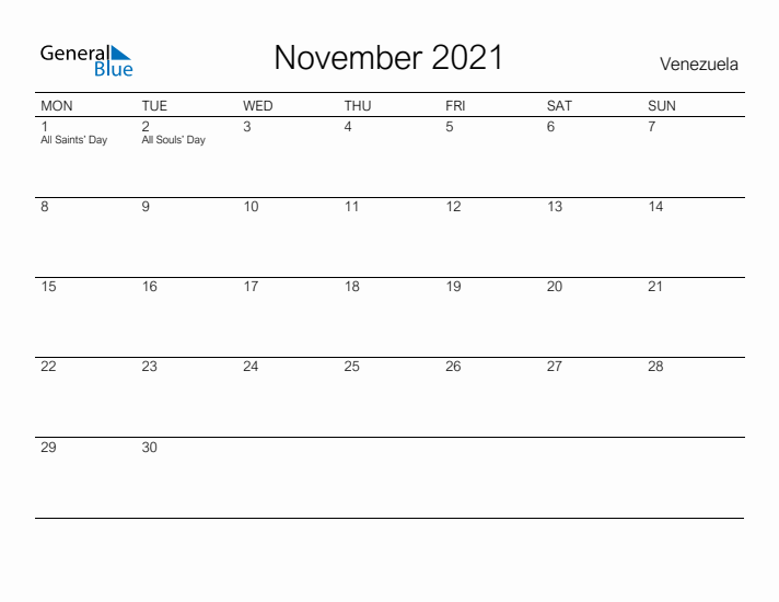 Printable November 2021 Calendar for Venezuela