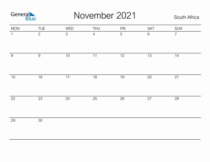Printable November 2021 Calendar for South Africa