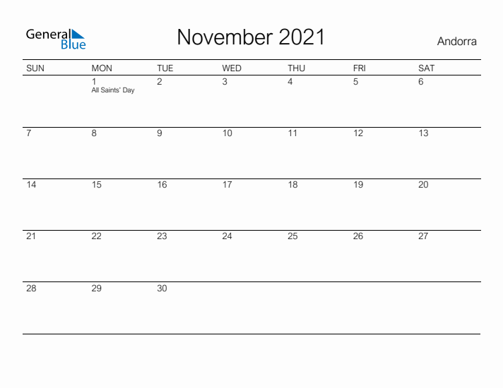 Printable November 2021 Calendar for Andorra