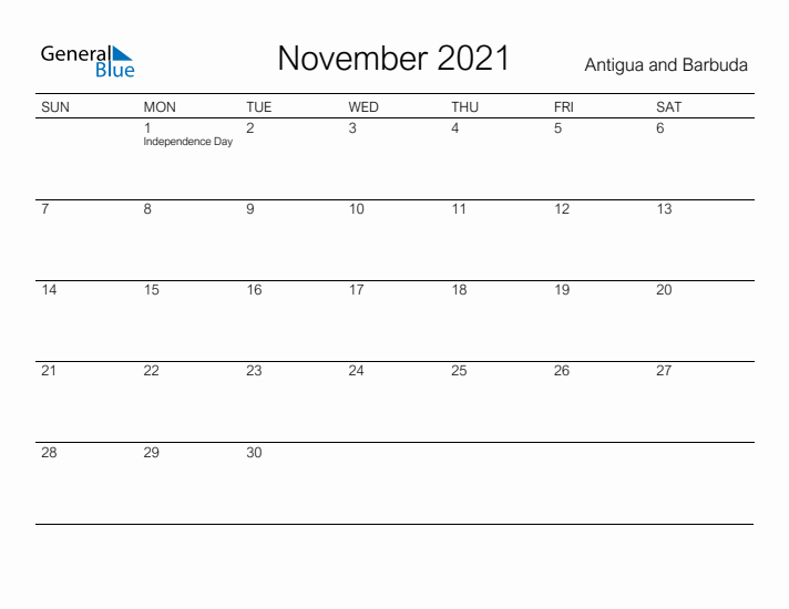 Printable November 2021 Calendar for Antigua and Barbuda