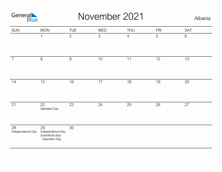 Printable November 2021 Calendar for Albania
