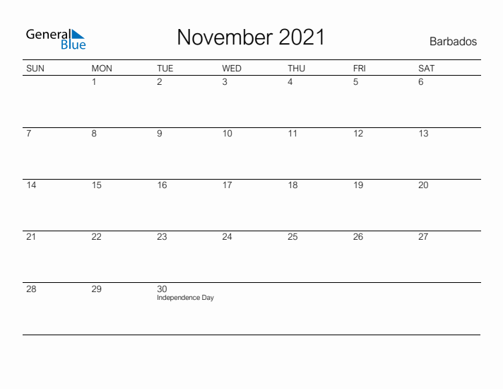 Printable November 2021 Calendar for Barbados